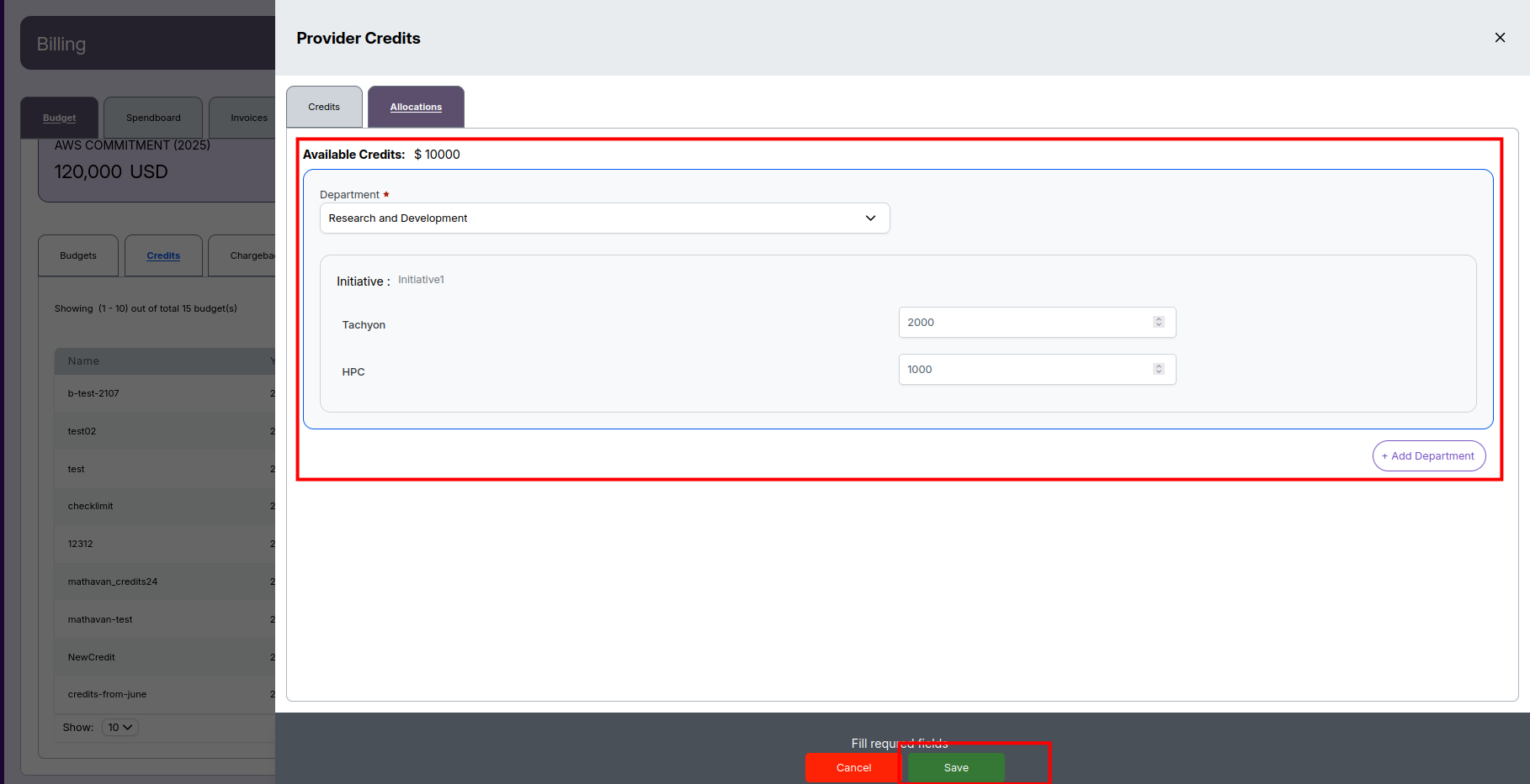 Credit Allocation Screen