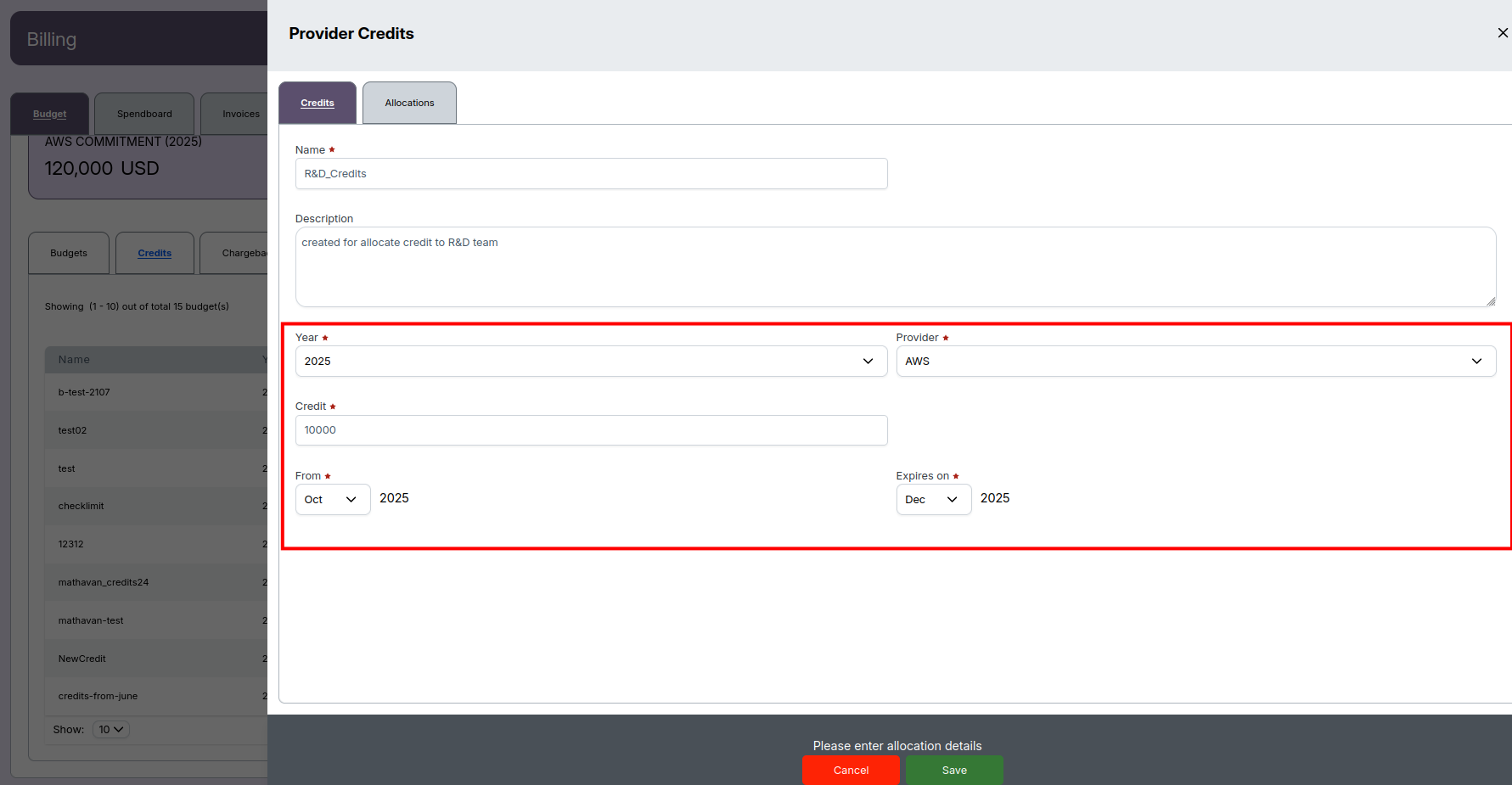 Credit Create Details Screen