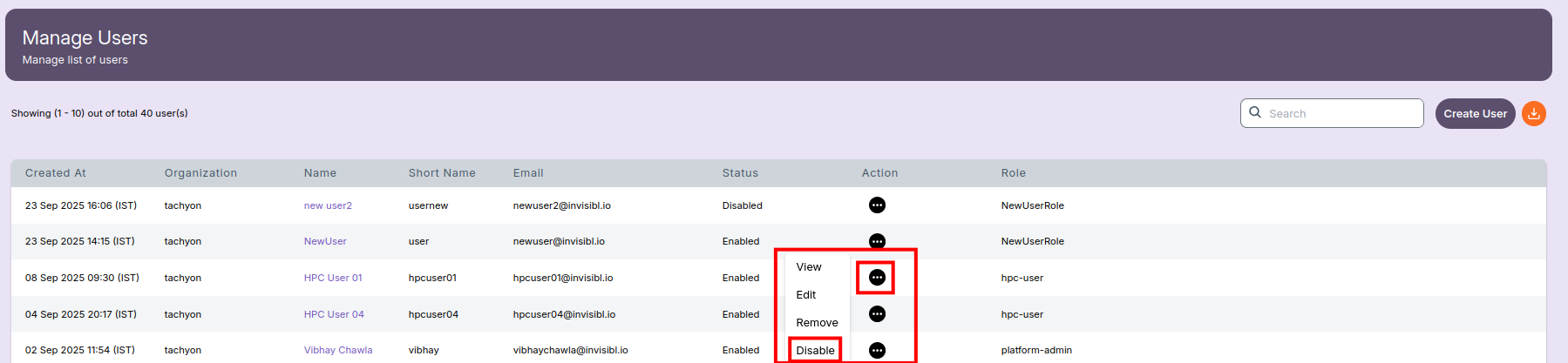Disable User